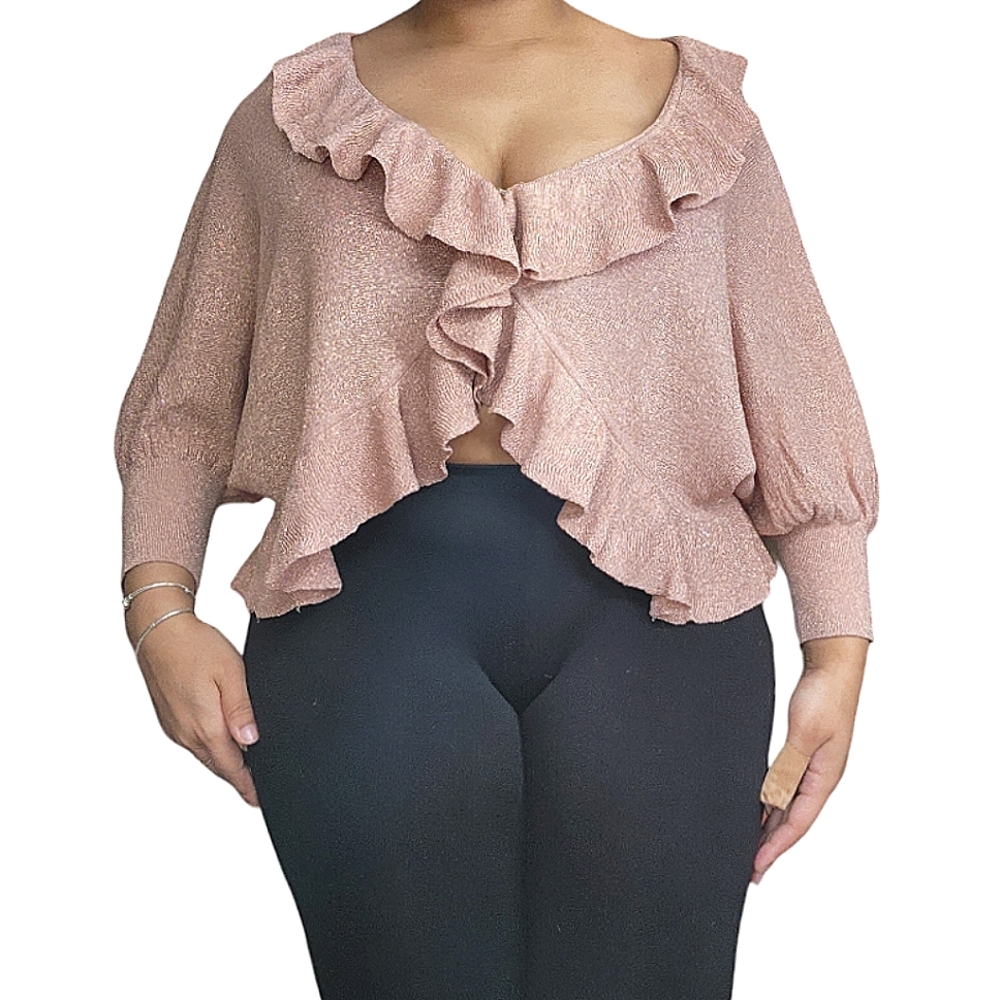 ❤️Bebe Pink & Gold Shimmer Boho Chiffon Ruffle Cardigan Blouse☆ - Picture 2 of 3